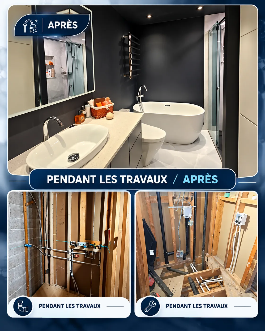 Montage fourni montrant une salle de bain terminée et les travaux de plomberie pendant la rénovation