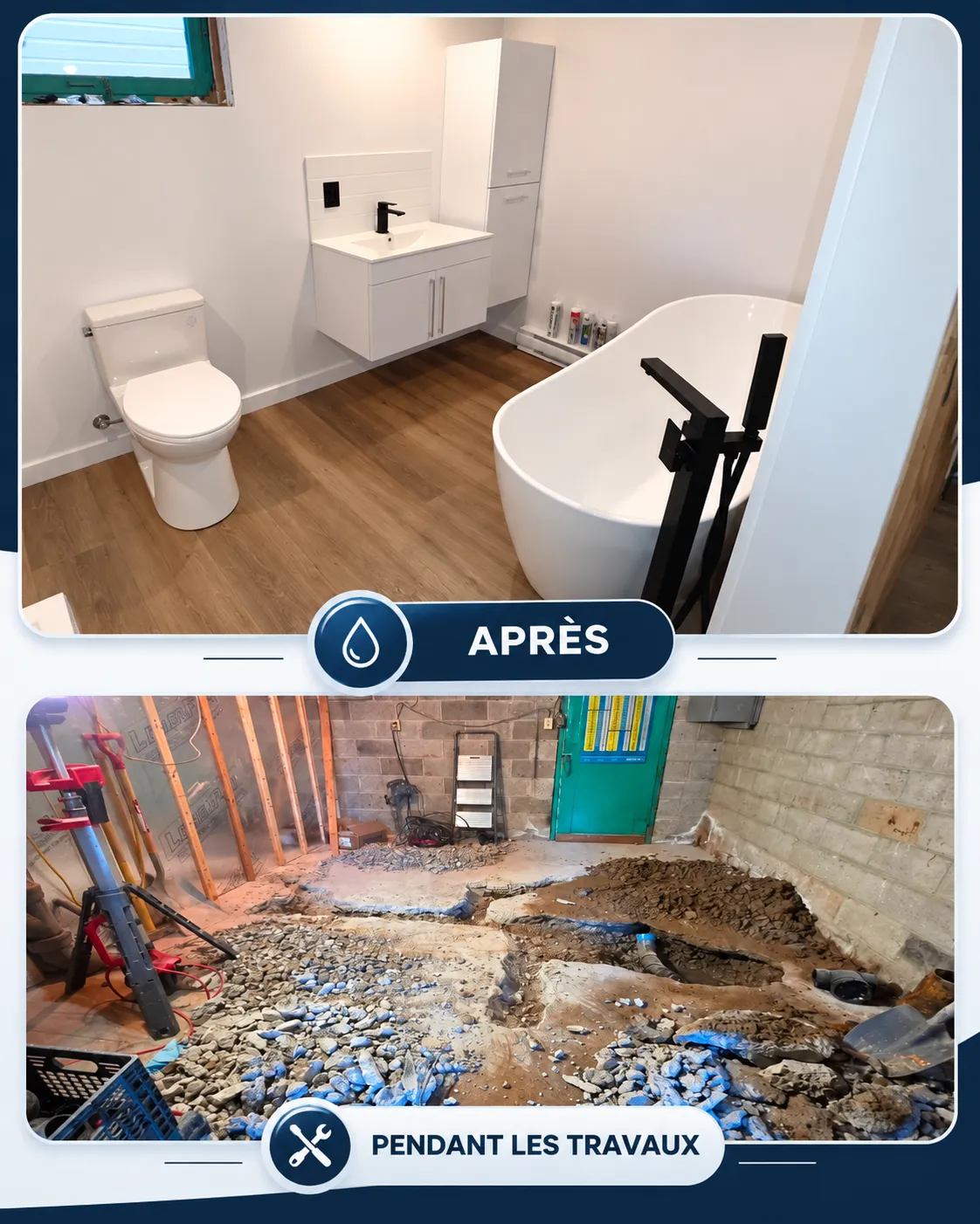 Montage fourni montrant une salle de bain terminée et le chantier pendant les travaux